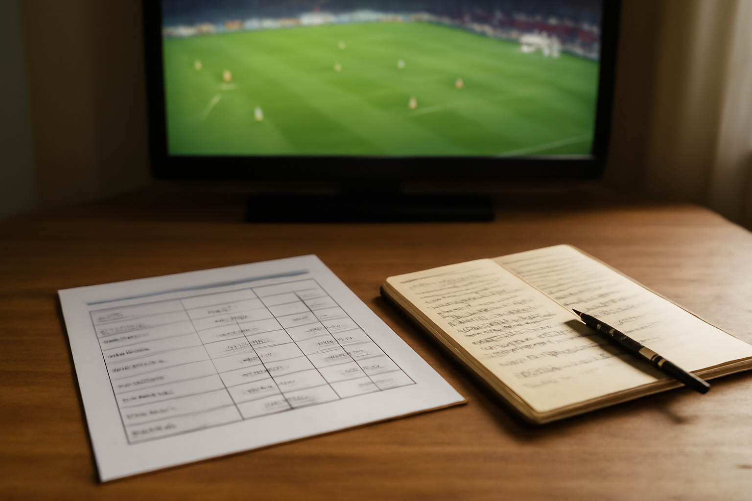 Catatan statistik pertandingan sepak bola di atas meja sambil menonton laga