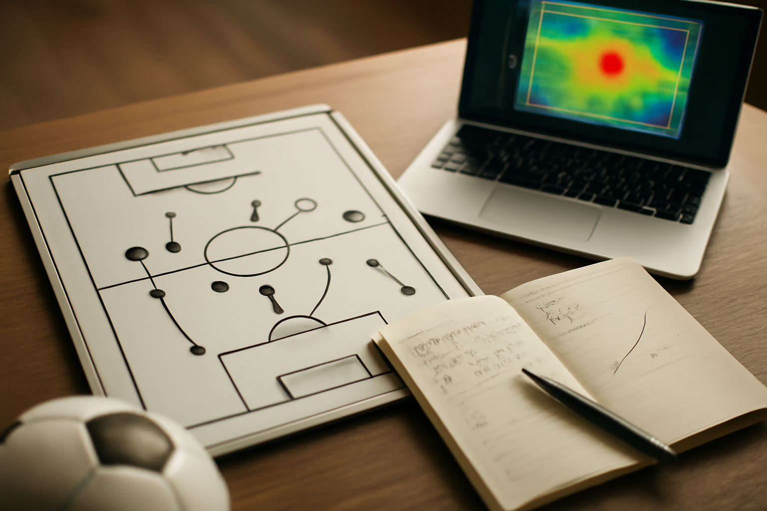 Analisis penguasaan bola dan efektivitas serangan di atas meja kerja dengan papan taktik dan laptop