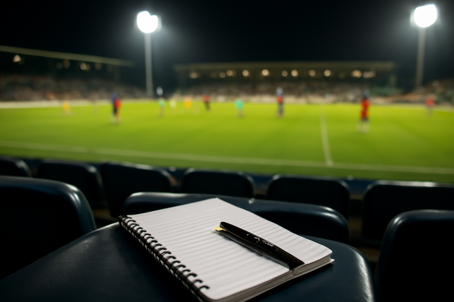 Buku catatan di tribun stadion dengan pertandingan sepak bola malam sebagai latar belakang