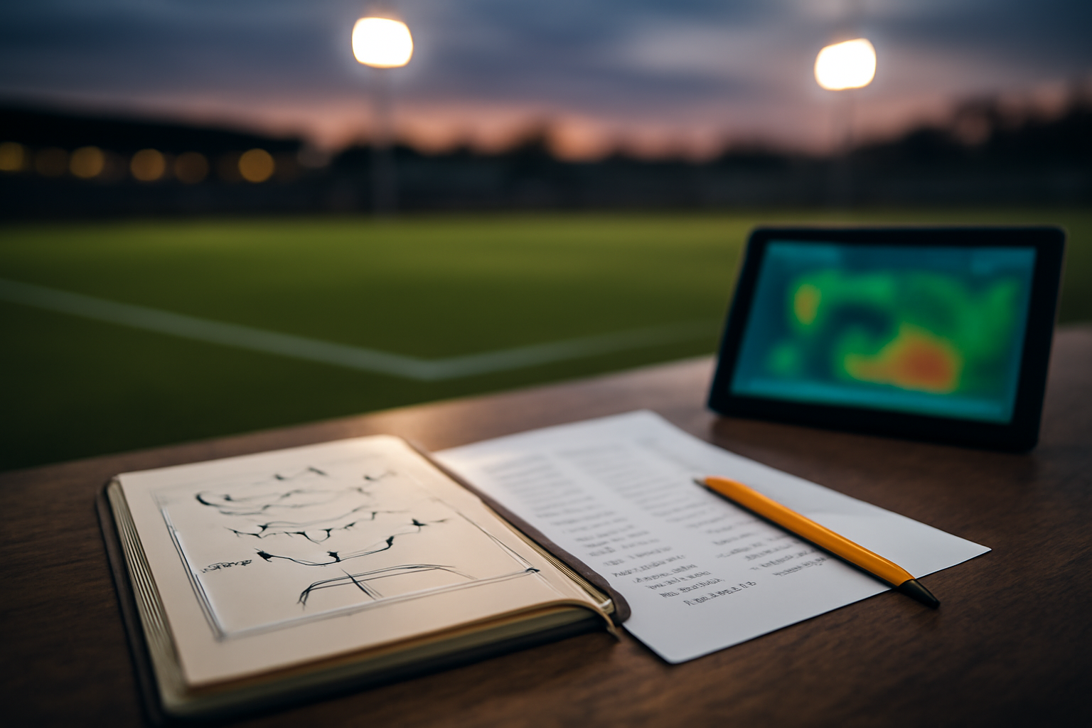 Meja analisis berisi catatan taktik dan lembar susunan pemain di samping lapangan sepak bola saat senja