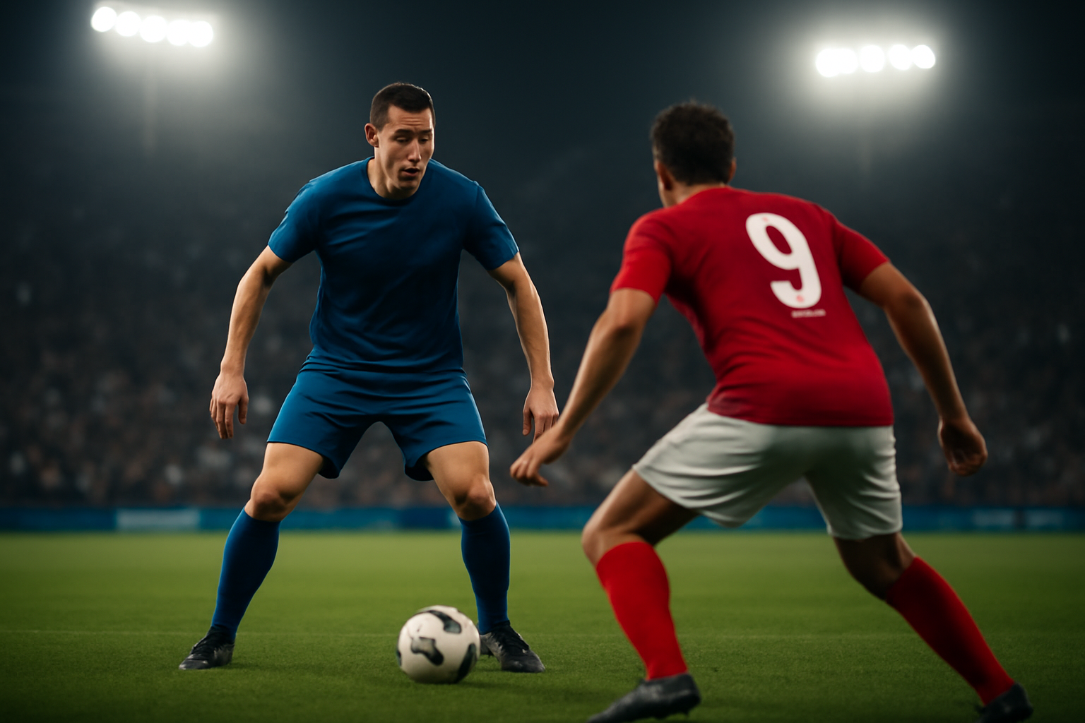 Bek tengah mengawal penyerang di depan kotak penalti saat pertandingan malam