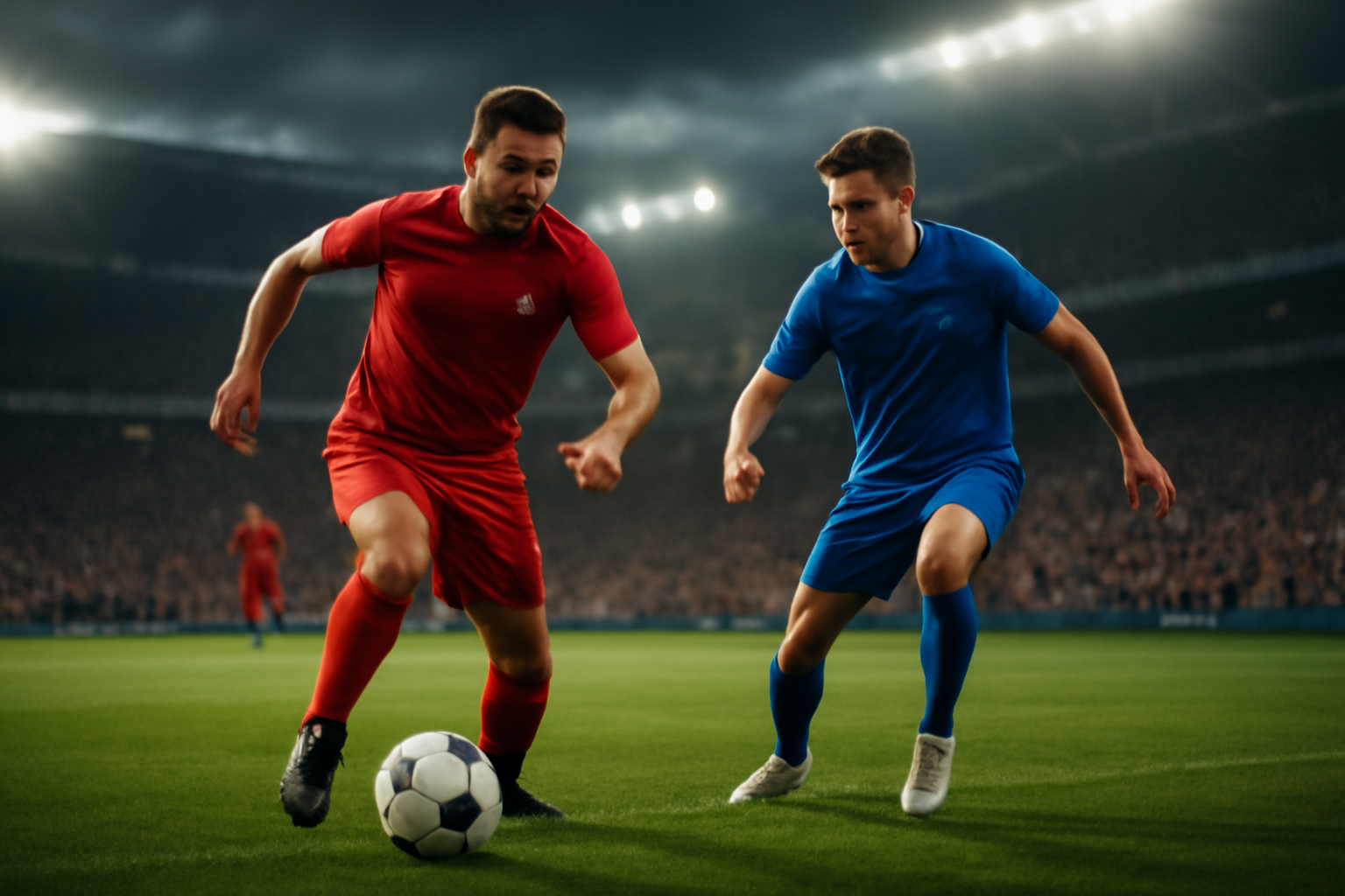 Pemain sepak bola sedang menggiring bola dalam pertandingan